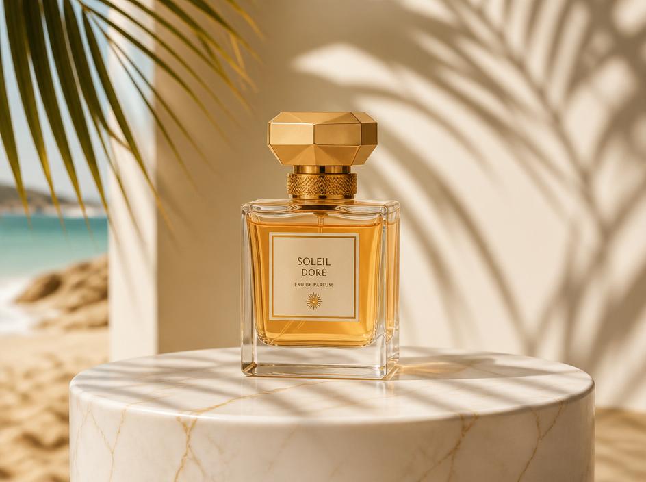 Luxury perfume on marble podium with palm shadows